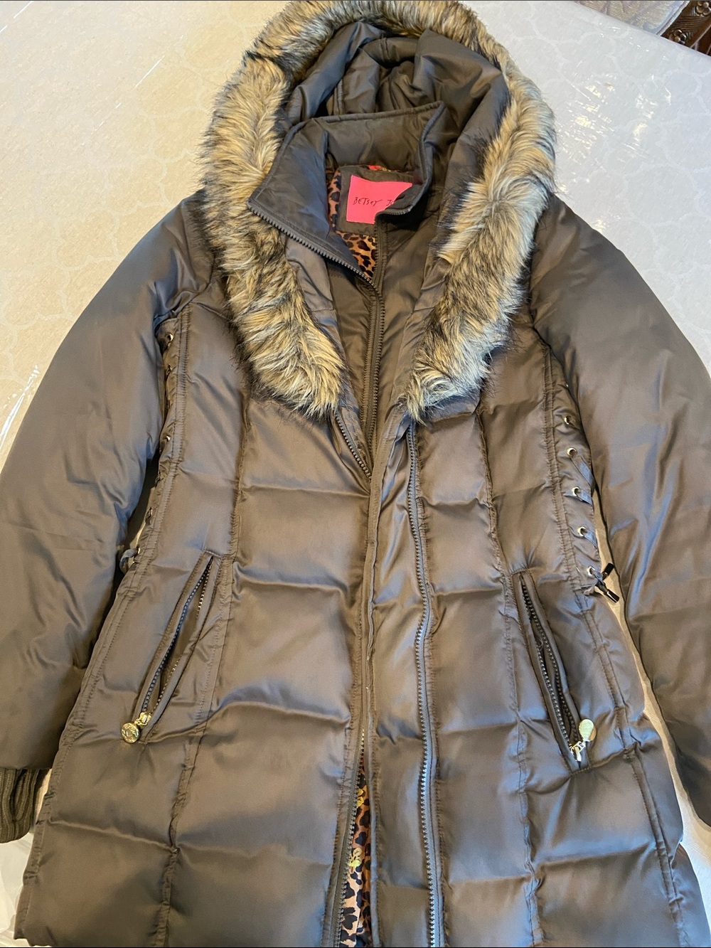 Betsey Johnson Brown Quilted Puffer Coat with Faux Fur Trim